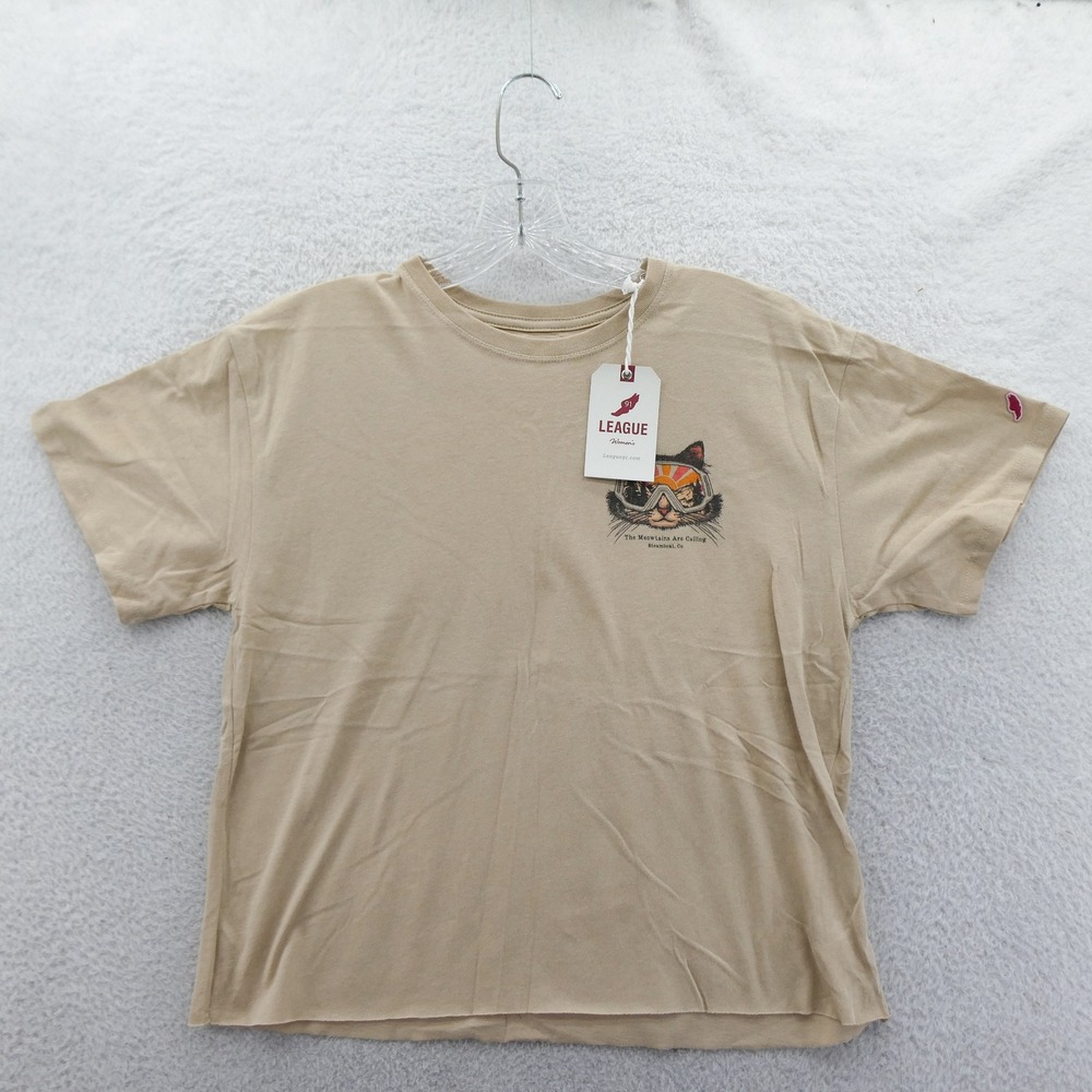 League T-Shirt Womens Medium Steamboat‎ Co Meowtains Are Calling Tan Cotton Cat